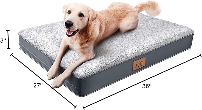 Orthopedic Dog Bed for Large Dogs and Extra Large Dogs, XL Waterproof Dog Bed with Removable Washable Cover & Anti-Slip Bottom, Crate Bed, Deluxe Plush Pet Bed Mat, L-Plus(36"X27"X3"), Grey