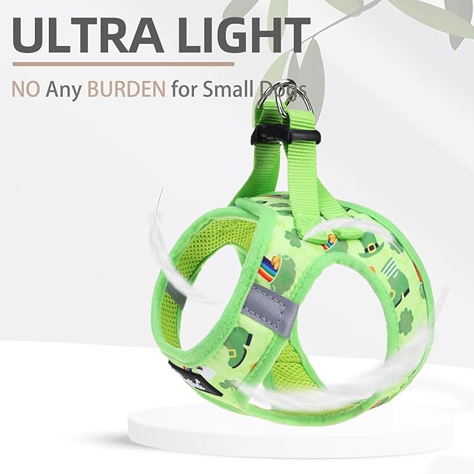 PUPTECK Dog Harness and Leash Set for Small Medium Dogs No Pull Step-in Soft Mesh Puppy Cat Vest Harnesses Reflective at Night, St. Patrick's Green, S