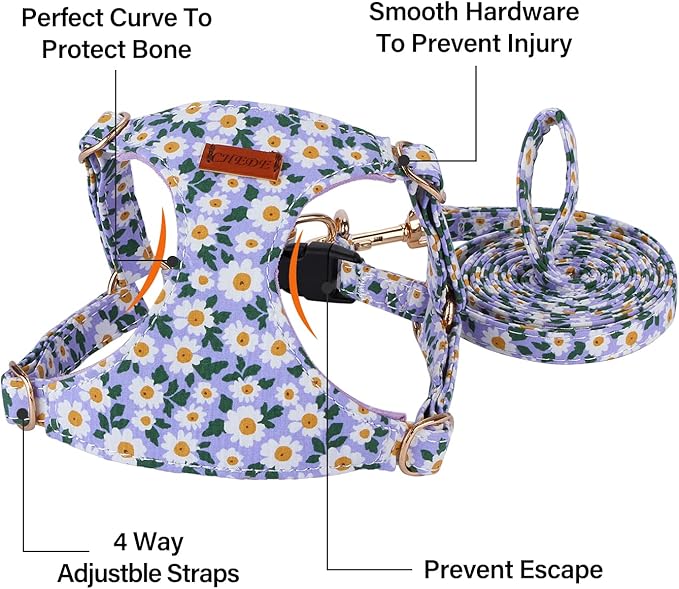 CHEDE No Pull Floral Pattern Dog Harness - Lightweight and Soft, Adjustable Small Dog Harness and Leash Set, with Dog Leash, Suitable for Puppy to Medium-Sized Dog (M, Purple Daisy)