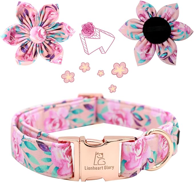 Lionheart Glory Dog Collar, Pink Dog Collar with Flower, Cute Floral Pattern Pet Collar Adjustable Dog Collar for Small Dogs