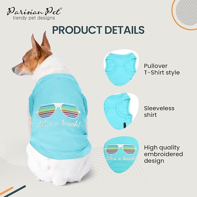 Parisian Pet Dog Tshirt - Embroidered “Life’s a Beach“ Lightweight Tank Top - 100% Cotton, Tee Shirts - Summer Dog Clothes - Machine Washable Shirts for Large Dogs - 3XL