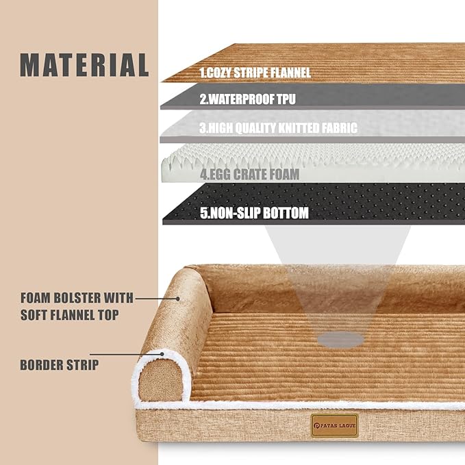 Patas Lague Orthopedic XXL Dog Bed for Extra Large Dogs 48''X30'', Waterproof Comfortable L Shaped Big Large Non-Slip Soft Warm Pet Sofa Sleep Bed mat with Removable Washable Cover, Brown