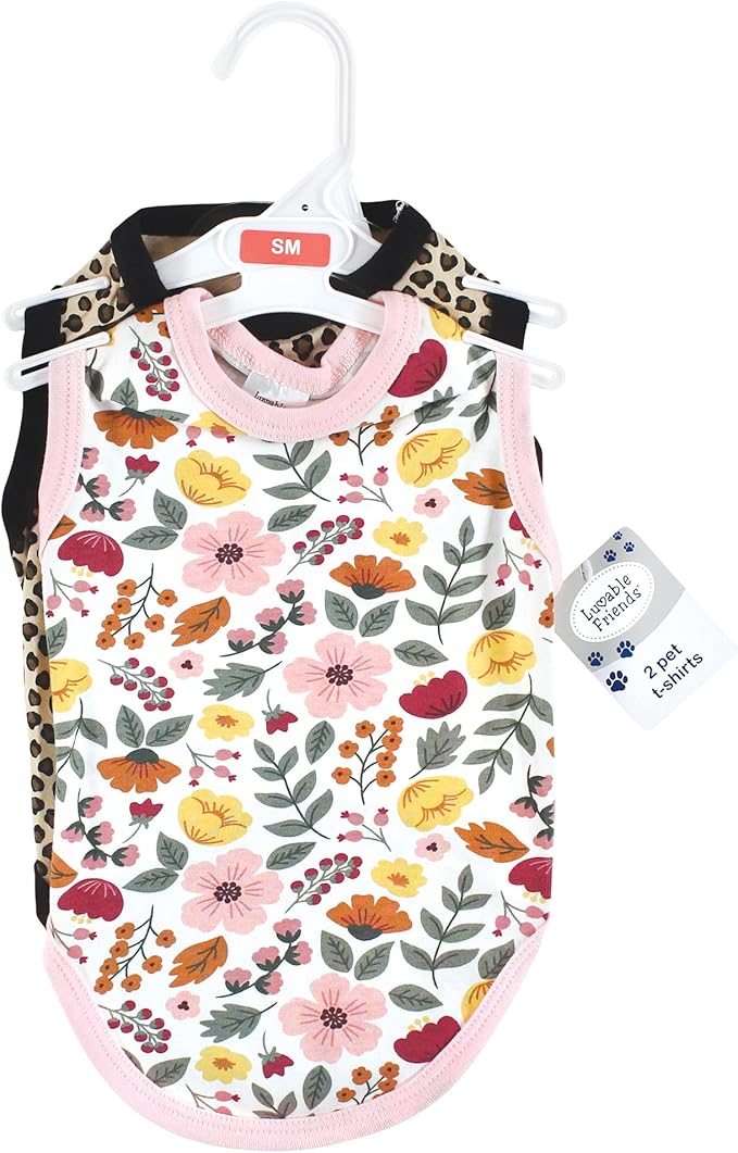 Luvable Friends Dog Pet Dog and Cats Cotton T-Shirts 2pk, Botanical Leopard, X-Small