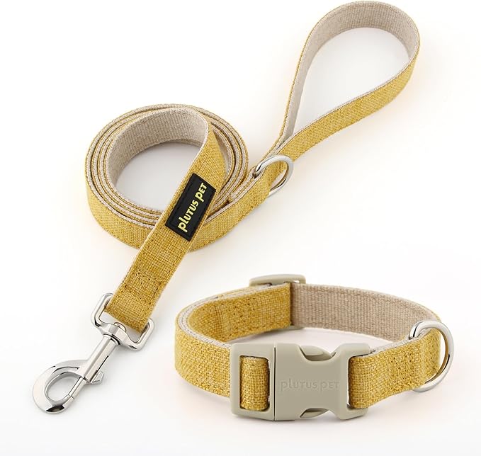 Plutus Pet Cotton Hemp Dog Collar and Leash Set, Adjustable Collar for Small, Medium, and Large Dogs, Heavy Duty and Soft on Skin, Yellow, XS