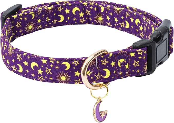 Cotton Dog Collar,Adjustable Cute Puppy Collar with Moon Patterned Design for Small Medium Large Dogs,Soft and Fancy Pet Collar with Safety Buckle for Girl Boy Dogs (Purple Moon, L)