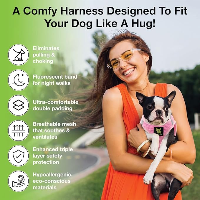 EcoBark Small Dog Harness for Toy Breed Dogs & Puppies - No Pull Soft Luxury Mesh - Step in Harness Body Halter Vest - Cute Adjustable Little Halter Body Wrap 7-10 lbs (Small, Baby Pink)