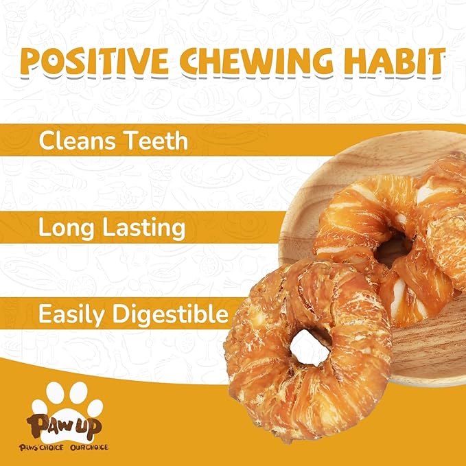 Dog Treat Chicken Wrapped Rawhide (4pcs) for Large Dogs, Long Lasting Dog Treat Ring w/Taurine for Aggressive Chewer, 12.5oz