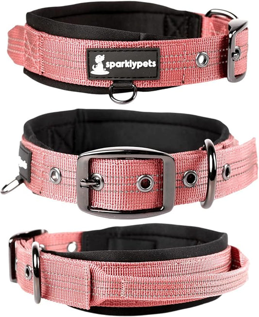 SparklyPets Heavy Duty Dog Collar with Handle for Medium and Large Dogs – Professional Collar with Reflective Stitches, Soft Handle & Nickel-Plated Buckle (Large (18"~22"), Pink)