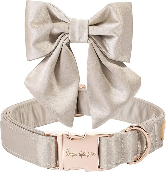 Unique Style Paws Silk Champagne Color Adjustable Wedding Bow Tie Collar for X-Large Dogs