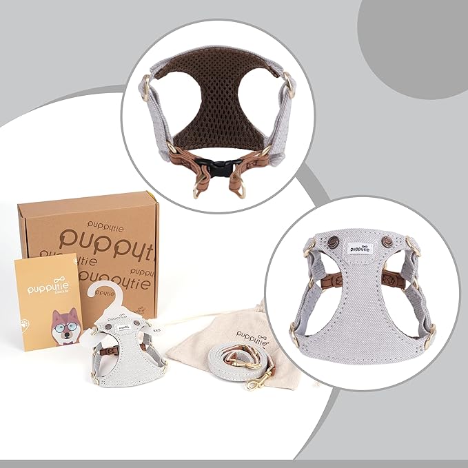 Puppytie No Pull xs Dog Harness with Multifunction Dog Leash,Soft Adjustable No Choke Escape Proof Pet Harness Vest,Denim Gray,XXS