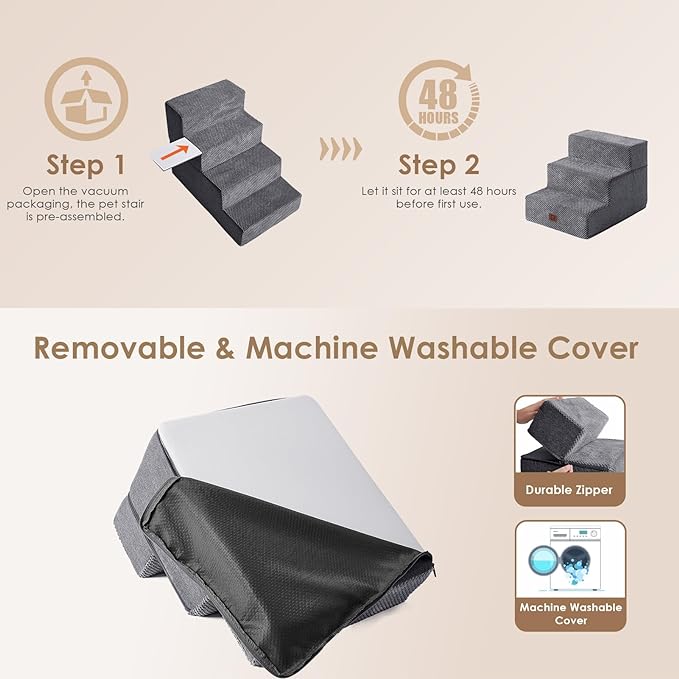 EHEYCIGA Dog Stairs Ramp for Small Dogs 13.5" H, 3-Step Dog Steps for Couch Sofa and Chair, Pet Steps for Small Cats, Non-Slip Balanced Pet Ramp Indoor, Grey