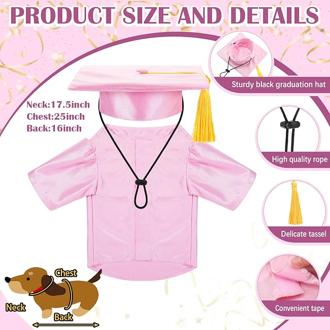 Dog Graduation Cap and Gown 2025 Washable Pet Graduation Costume for Dog Cat Shirt and Hat(Pink)