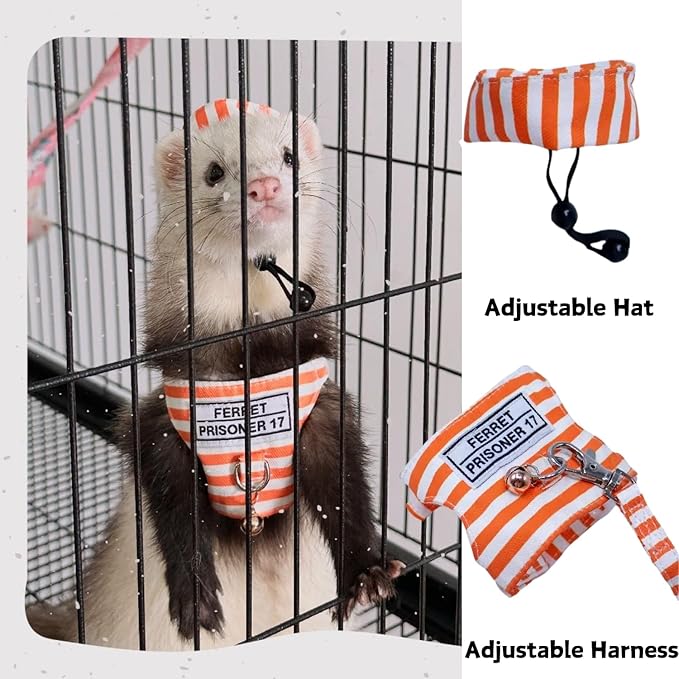Ferret Harness and Leash - Adjustable Soft Cotton Small Pet Harness with Safe Bell, No Pull Comfort Padded Vest for Ferret, Guinea Pigs, Chinchilla and Similar Small Animals (Orange)