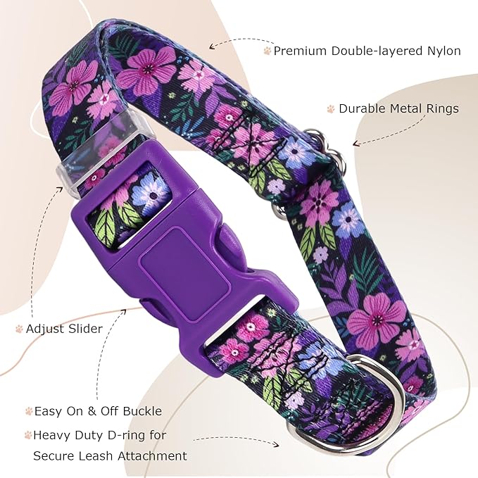Puppy Collar, Cute Girl Purple Dog Collar with Boho Flowers Patterns, Adjustable Comfy Soft Durable Pet Cat Collar for XS Small Medium Large Extra Large Dogs(xs)
