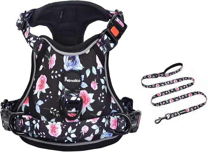 Petmolico No Pull Dog Harness and Leash Set, No Choke 4 Leash Attchments Easy Control Handle Soft Padded Reflective Vest Dog Harness for Medium Dog Breed, Rose Medium