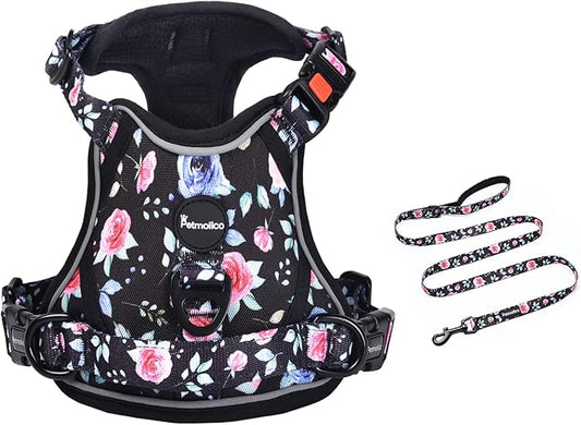 Petmolico No Pull Dog Harness and Leash Set, No Choke 4 Leash Attchments Easy Control Handle Soft Padded Reflective Vest Dog Harness for Medium Dog Breed, Rose Medium
