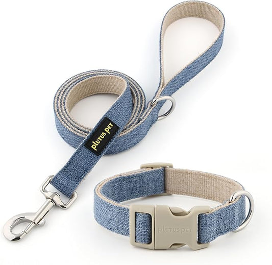 Plutus Pet Cotton Hemp Dog Collar and Leash Set, Adjustable Collar for Small, Medium, and Large Dogs, Heavy Duty and Soft on Skin, Haze Blue, M