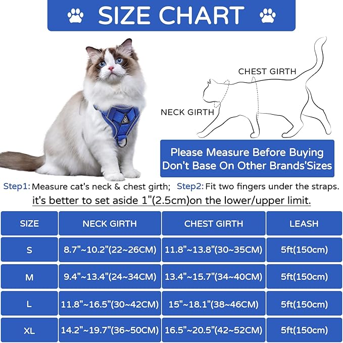 Cat Harness and Leash Set Escape Proof, Upgraded Adjustable Vest with Lead for Kitten Puppy Outdoor Walking, Soft Breathable Mesh Jacket with Reflective Strips for Dark Night (M, Blue)