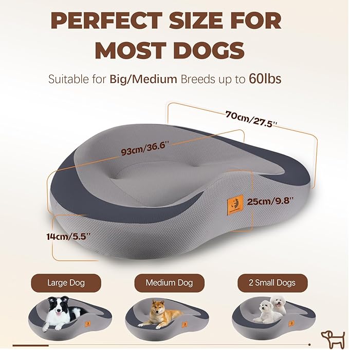 Orthopedic Dog Beds for Large/Medium Dogs, 9'' Thick Pure Memory Foam Dog Bed with Removable Washable Cover, Waterproof Dog Couch Pet Bed, 60D High Density, Easy Cleaning, Grey&Dark Grey