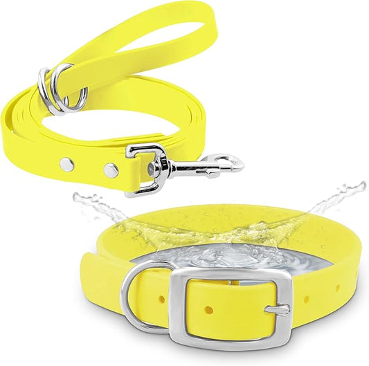 Regal Dog Products Small Yellow Waterproof Dog Collar and Leash Set | Heavy Duty Double Buckle & D Ring - 5'ft Leash | Adjustable Biothane Dog Collar | Chew Resistant Waterproof Collar for Dogs