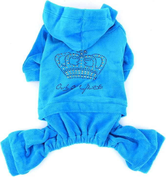 SEIMAI Dog Hoodies Jumpsuit for Small Dog Cat Puppy Rhinestone Crown Soft Velvet Autumn Winter Hooded Pajamas Tracksuit Outfits Sportswear Jacket with Hat Training Outdoor Blue XL