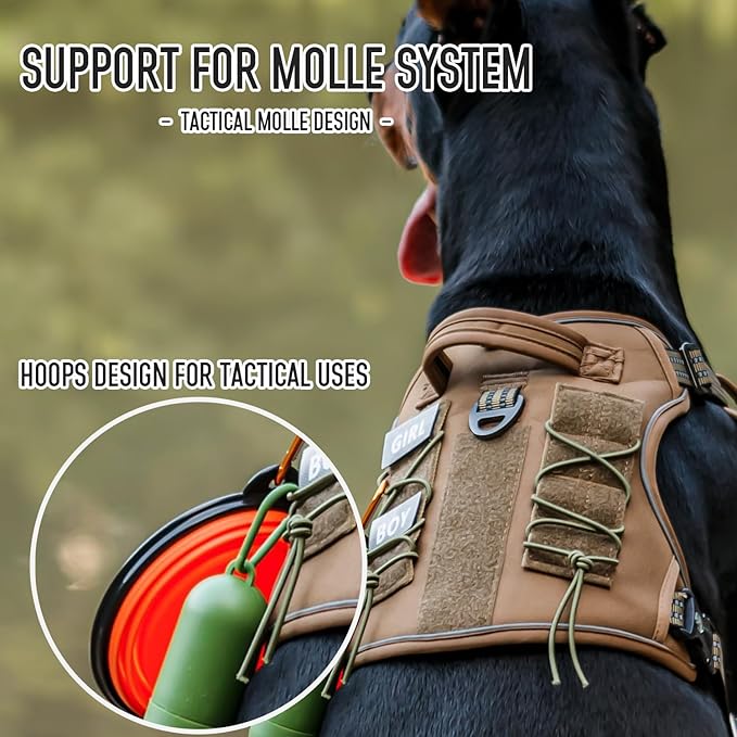 Tactical Dog Harness for Medium Large Dogs, Heavy Duty Dog Harness with ID Card, Reflective Hiking Harness for Training Easy Control Dog Vest with Handle Brown