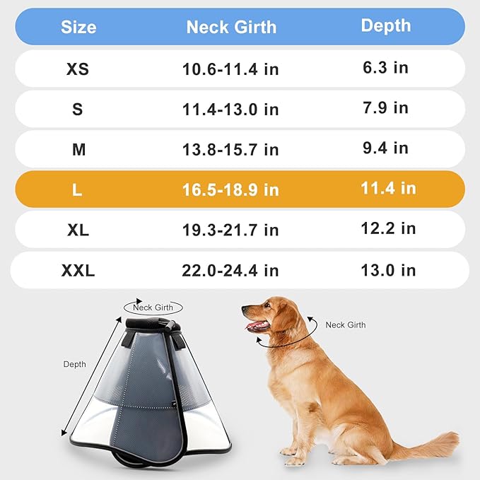 Soft Dog Cone for Dogs After Surgery, Breathable Pet Recovery Collar for Large Medium Dogs, Adjustable Dog Cone Collar, Elizabethan Collar (L, Black)