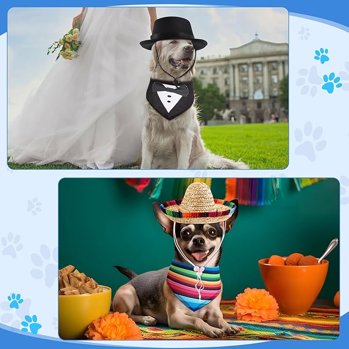 Eccliy 8 Pcs Dog Costume Accessories Formal Dog Tuxedo Bandana Collar Cowboy Pet Pirate Hat Mexican Sombrero Hat for Fiesta Wedding Halloween Outfit Accessories Photo Prop Party Supplies
