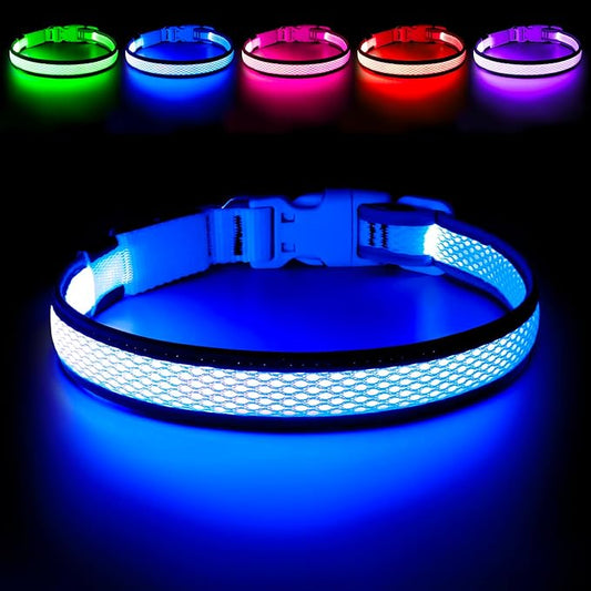 Flashseen LED Dog Collar,USB Rechargeable Light Up Dog Collar Lights,Adjustable Comfortable Soft Mesh Safety Dog Collar for Small,Medium,Large Dogs(Large, Royal Blue)