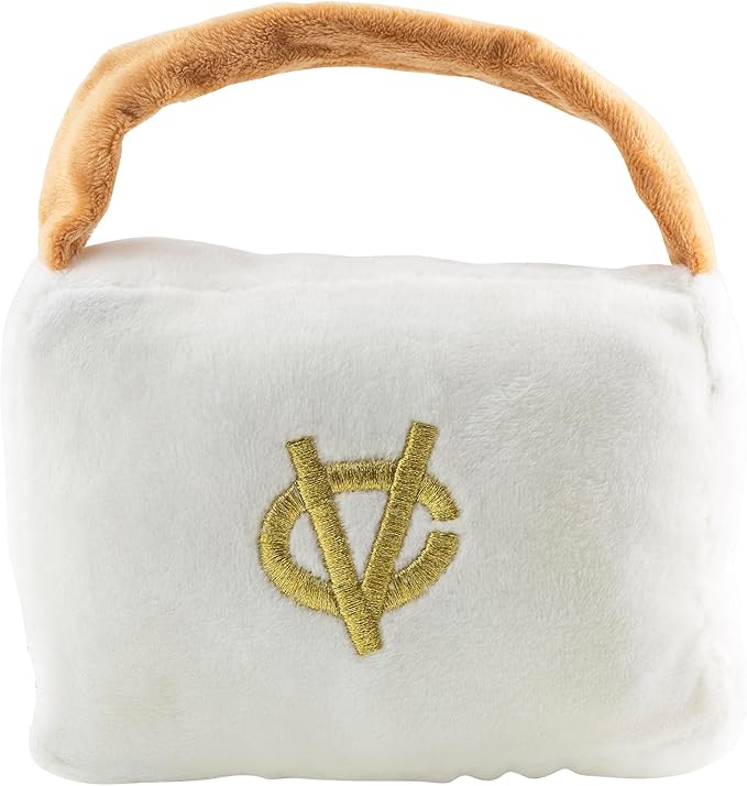 Haute Diggity Dog White Chewy Vuiton Handbag, Plush Designer Dog Toys with Interactive Squeaker, Stimulating Pet Enrichment, Machine-Washable & Safe Materials for All Breeds, Size Medium