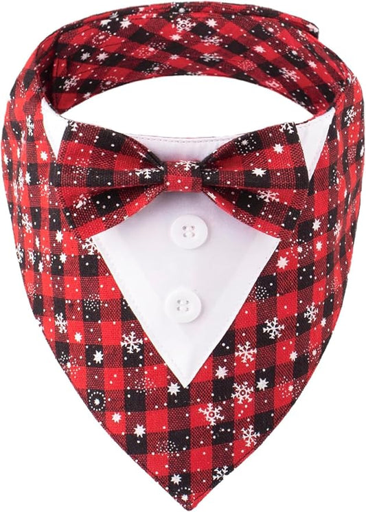 Adjustable Red Plaid Christmas Dog Tuxedo Bandana with Bow Tie - Holiday Pet Outfit Costume for Dogs XS to XL