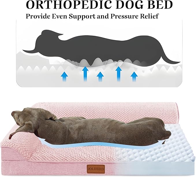 Orthopedic Jacquard XL Dog Bed for Large Dogs 42''X28'', Waterproof L Shaped Big Large Pet Sofa Bed with Washable Removable Cover, Non-Slip Soft Warm Comfortable Pet Couch Sleep Mat, Pink