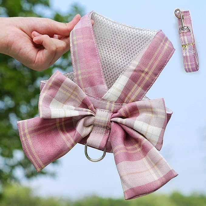 Harness and Leash Set, Cute Bow Tie Plaid Harnesses for Puppy Cat, Adjustable Pet Kitties Vest, Breathable Harness Traction Rope for Boy Girl Small Animal(Harness Dark Pink,XL for 12.1-15.4lbs Dog)