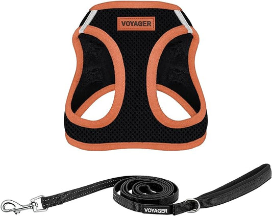 Voyager Step-in Air All Weather Mesh Harness and Reflective Dog 5 ft Leash Combo with Neoprene Handle, for Small, Medium and Large Breed Puppies by Best Pet Supplies - Black/Orange Trim, X-Large