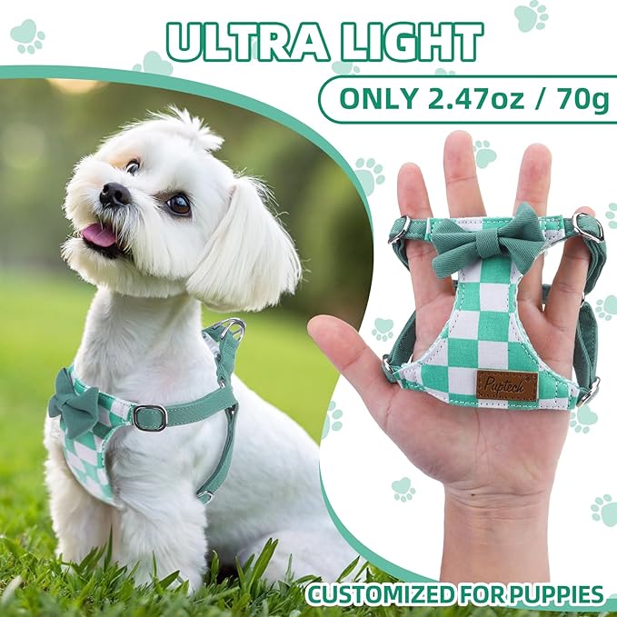 PUPTECK Dog Harness and Leash Set Small Sized, Step-in Cute Puppy Harness, Soft Lightweight Padded Vest, Escape Proof No Pull Pet Harnesses Easy for Walking, Plaid Green & White, M