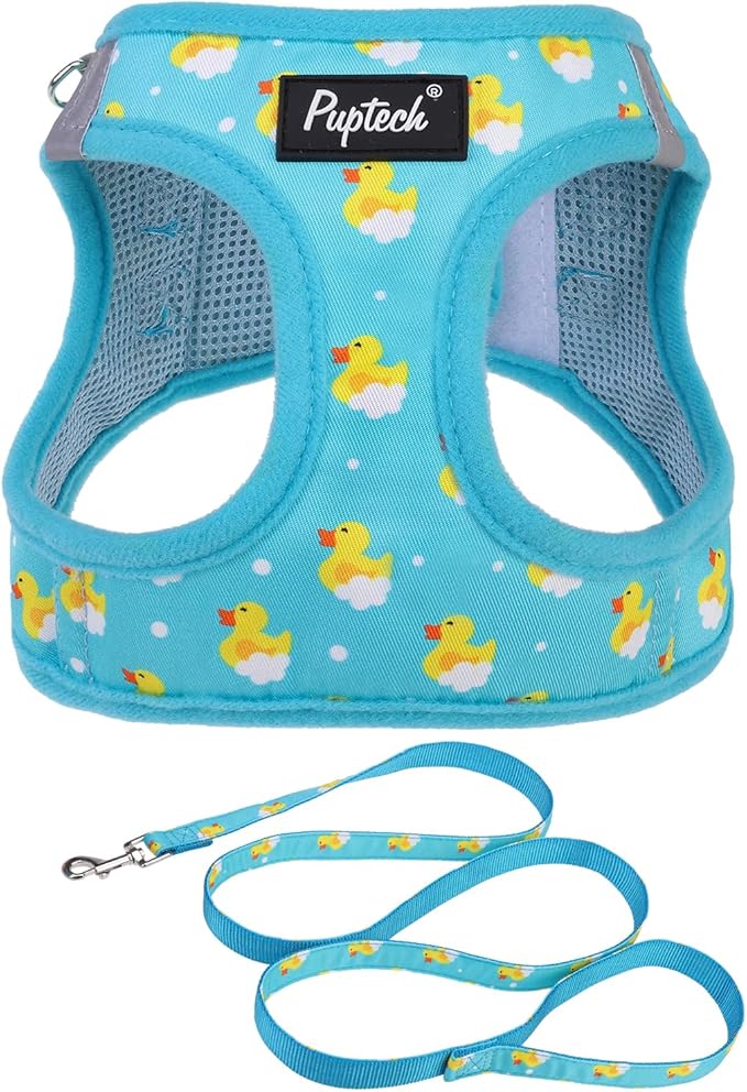 PUPTECK Dog Harness and Leash Set for Small Medium Dogs No Pull Step-in Soft Mesh Puppy Cat Vest Harnesses Reflective at Night, Blue Duck, M