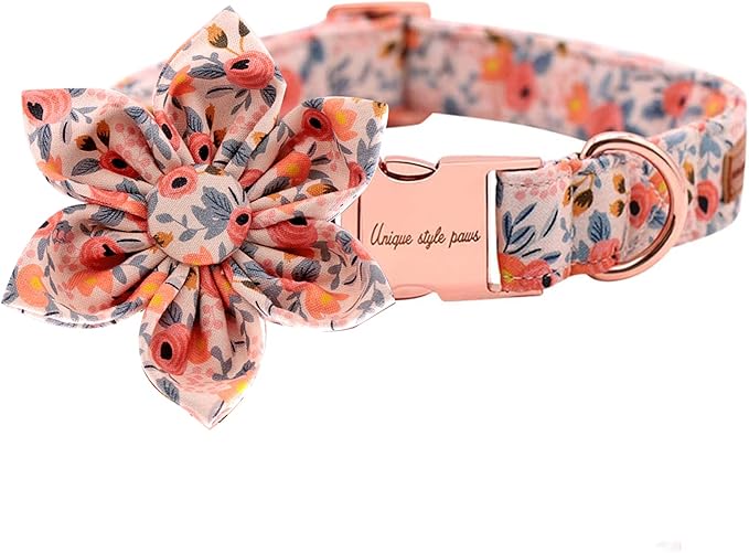 Uniqe Style Paws Flower Dog Collar, Peach Rose Adjustable Girl Dog Collar with Flower, Durable Floral Pattern Pet Collar for Medium Female Dogs