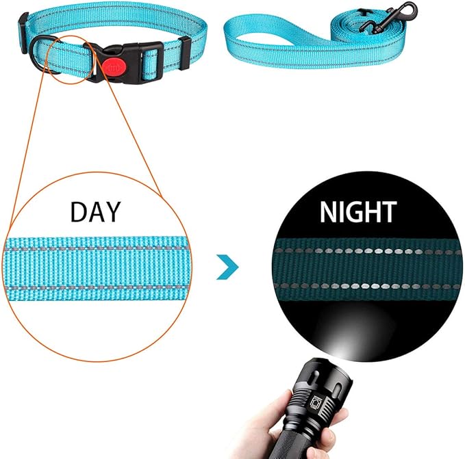 Reflective Dog Collar and Leash Set with Safety Locking Buckle Nylon Pet Collars Adjustable for Small Medium Large Dogs 3 Sizes(L)