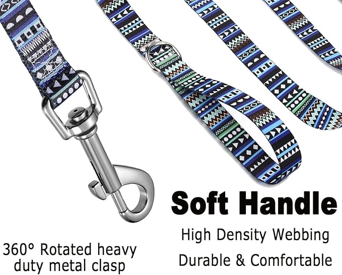 Dog Collar and Leash Set with Bohemia Floral Tribal Geometric Patterns - Soft Ethnic Style Collar Adjustable for Small Medium Large Dogs(Bohemian Blue Set,S)