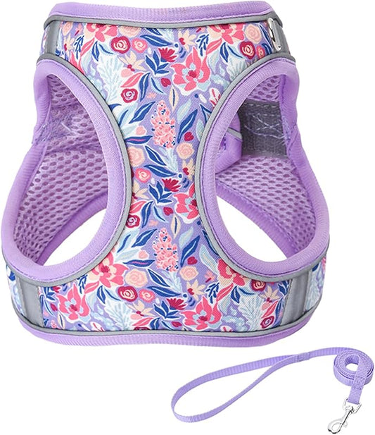 XS Light Purple Flower Pattern Dog Harness and Leash Set,No Escape Puppy Harnesses for Training Walking，Breathable Adjustable Puppy Vest for Small Medium Dogs, Cats (Light Purple, XS)