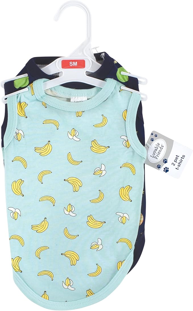 Luvable Friends Dog Pet Dog and Cats Cotton T-Shirts 2pk, Bananas Space, Small