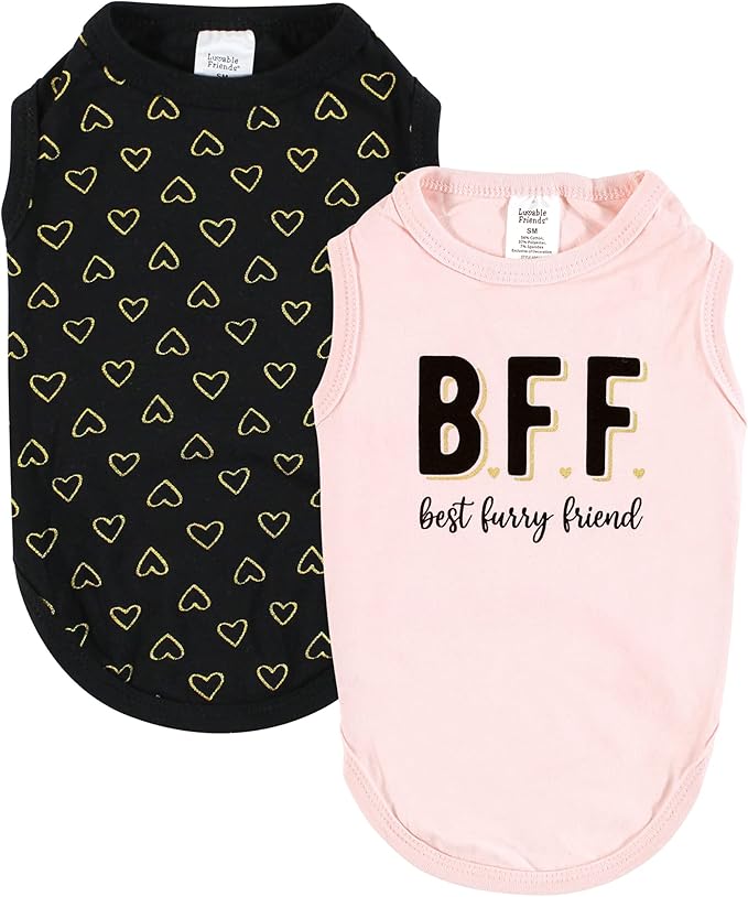 Luvable Friends Dog Pet Dog and Cats Cotton T-Shirts 2pk, BFF Hearts, X-Small