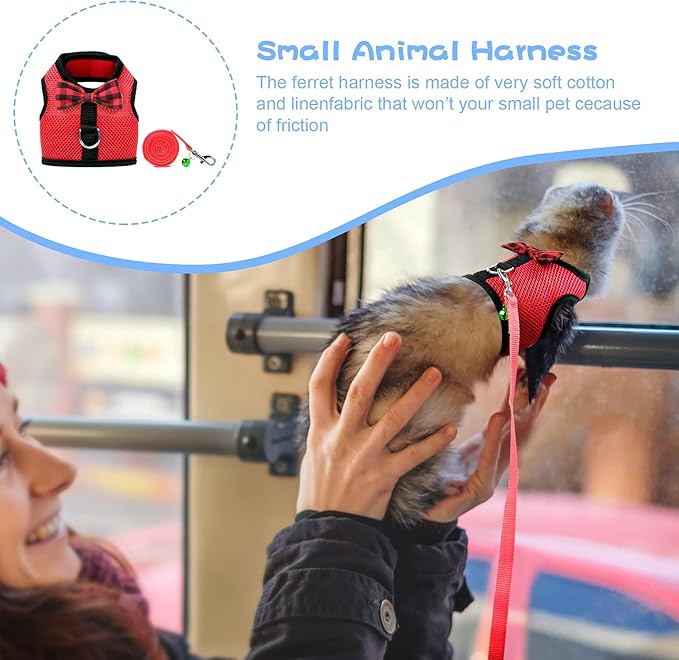 Rypet Small Animal Harness and Leash - Soft Mesh Pet Harness with Safe Bell, No Pull Comfort Padded Vest for Small Pet Red