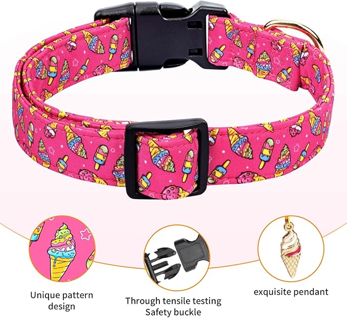 Cotton Dog Collar,Adjustable Cute Puppy Collar with Moon Patterned Design for Small Medium Large Dogs,Soft and Fancy Pet Collar with Safety Buckle for Girl Boy Dogs (Red Ice Cream, S)