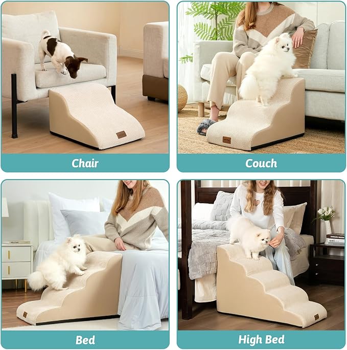 Dog Stairs for Small Dogs 15.7" H, Curved Dog Step for Puppy, Older Cat, Medium Pet Ramp for Sofa, Couch or Bed, Ladder with High Density Foam, 15.7x22.4x15.7 inch, 3 Step, Beige
