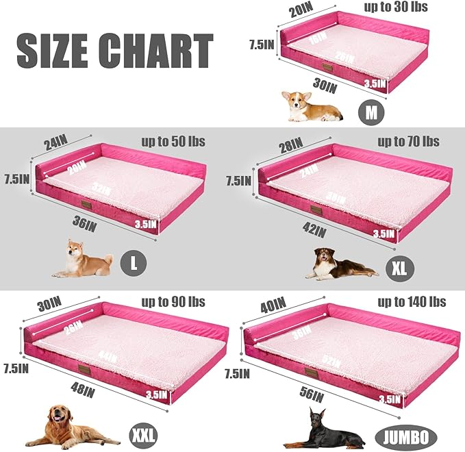 Patas Lague Orthopedic Dog Bed for Medium Dogs, Waterproof L Shaped Medium Pet Sofa Beds with Removable Washable Cover, Soft Comfortable Pet Couch Mat with Nonskid Bottom, 30''X20'' Pink