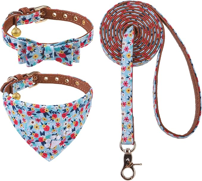 EXPAWLORER Puppy Collar and Leash Set - Embroidery Floral With Cute Flower Bow Tie, Bandana and Bell for Dogs Cats Outdoor Walking, Blue S