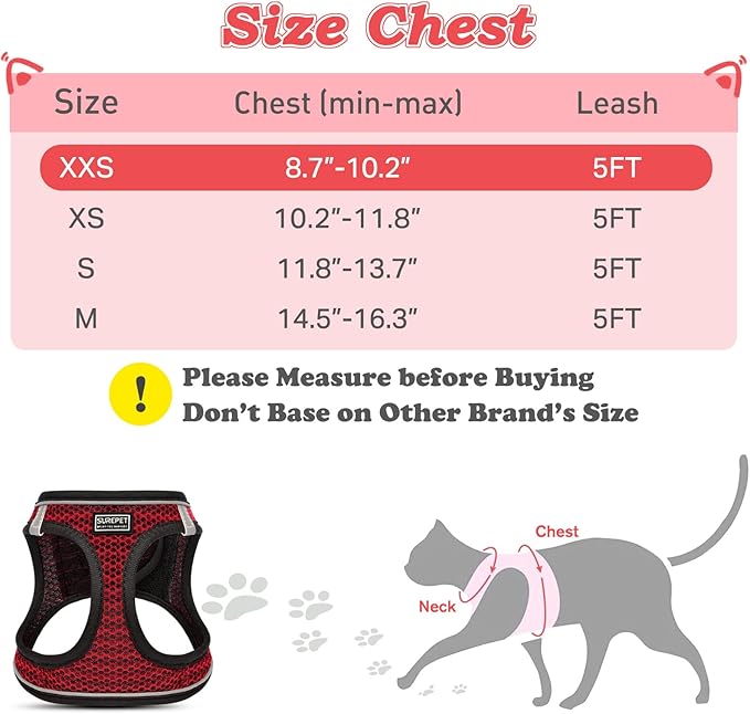 Cat Harness and Leash for Walking Escape Proof, Adjustable Kitten Vest Harness Reflective Soft Mesh Puppy Harness for Outdoor, Comfort Fit, Easy to Control (Red, XXS)