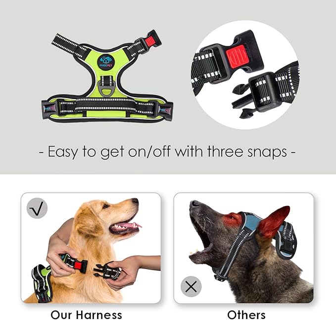 PHOEPET Reflective Dog Harness Large Breed Adjustable No Pull Vest with Handle 2 Metal Rings 3 Buckles [Easy to Put on & Take Off](L, Green)