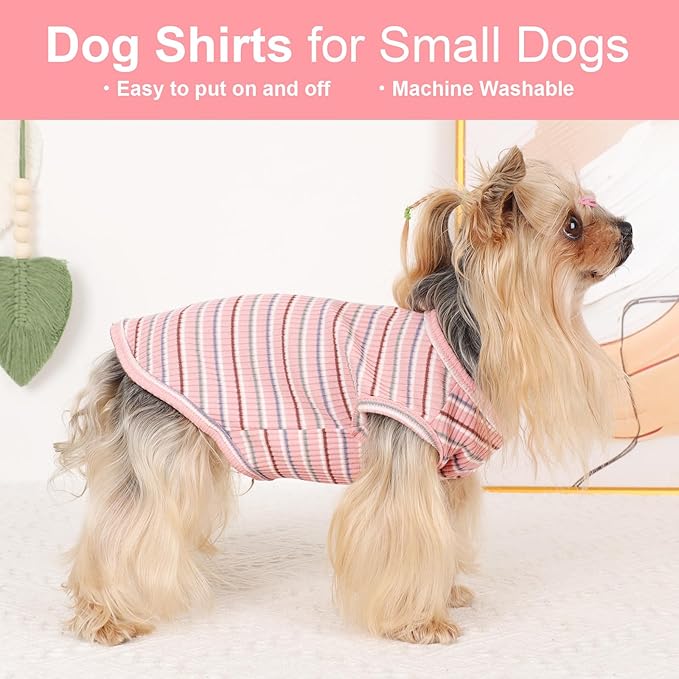2Pack Dog Shirts for Small Dogs Girl Boy Striped Dog Shirt Vest Soft Stretchy Puppy Clothes Sleeveless Colorful Sweatshirt Small Puppy Outfit for Chihuahua Yorkie, Pink+Blue, S